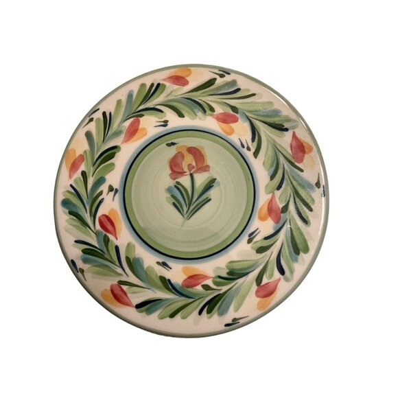 Gail Pittman 7” Plate with Black Stand Ivory/Off White Multi Color Mainly Greens - Picture 2 of 5